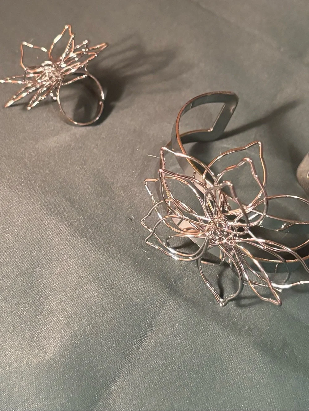 Sterling Silver, Black, and Gold Floral Wire Open Cuff Bracelets  -with ring set